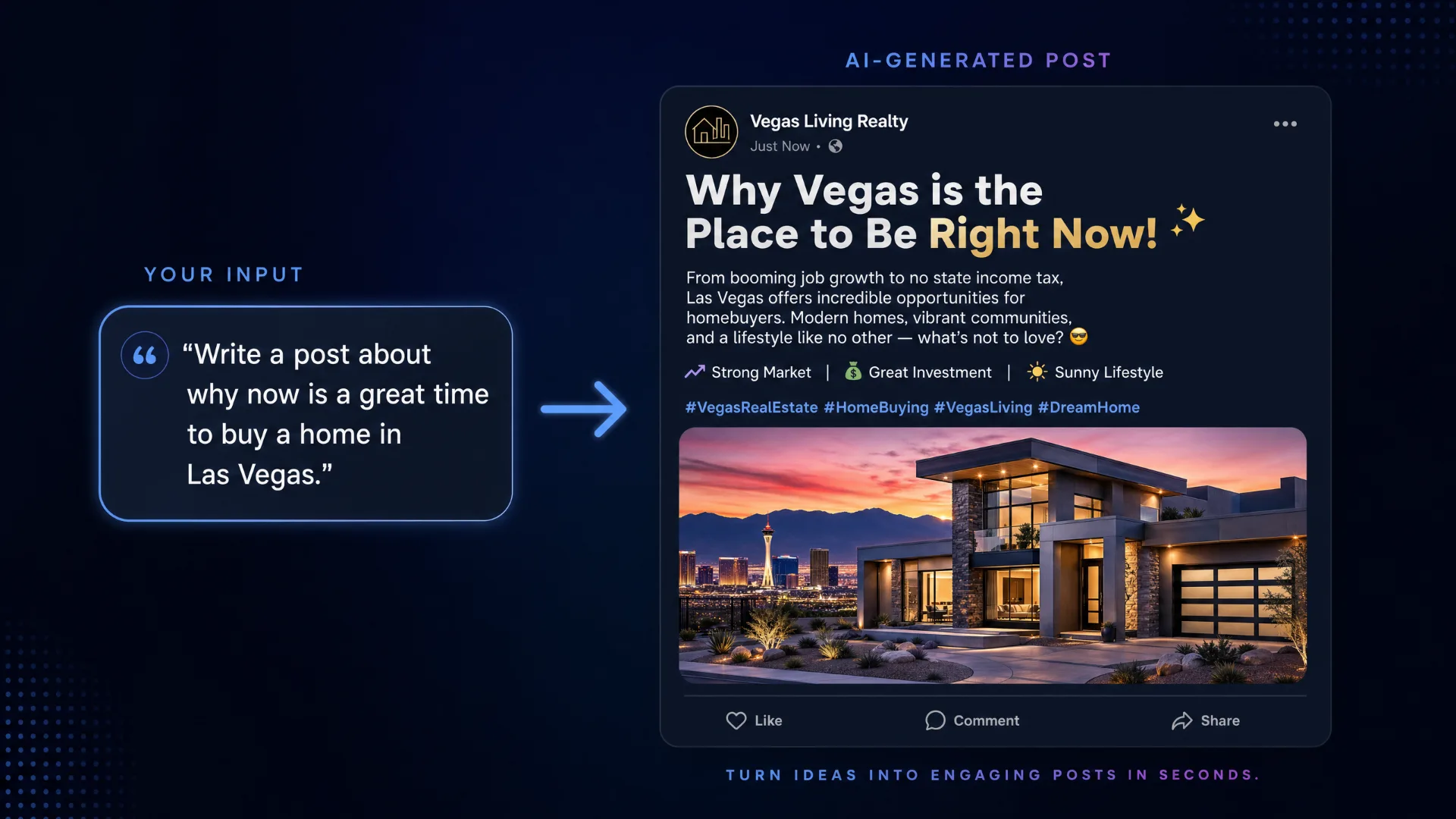 Vegas Living Realty mockup showing a polished social media post created in seconds